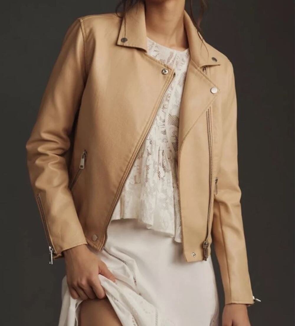 NWT ANTHROPOLOGIE Saige Faux Leather Moto Jacket Biker Size SMALL Sand Tan Boho